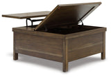Moriville grayish brown lift-top coffee table front open view