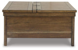 Moriville grayish brown lift-top coffee table head-on closed view