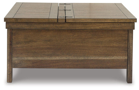 Moriville grayish brown lift-top coffee table head-on closed view