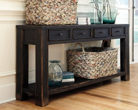 Front angle view of Gavelston Black Sofa Console Table in black finish