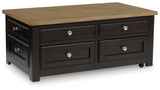 Drazmine Lift-Top Coffee Table angled side view with top down