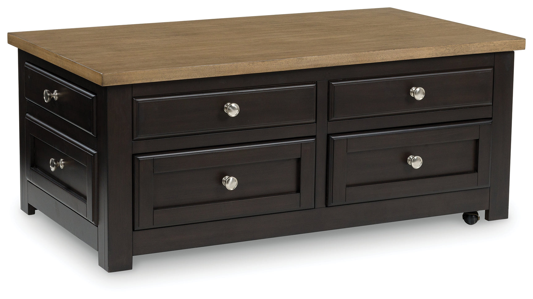 Drazmine Lift-Top Coffee Table angled side view with top down
