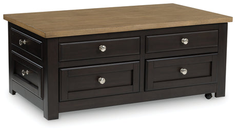 Drazmine Lift-Top Coffee Table angled side view with top down