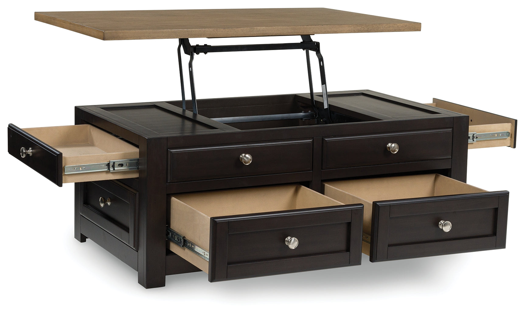 Lift-top extended showing raised tabletop on Drazmine coffee table