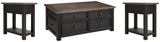 Tyler coffee table set with grayish brown wood top and black textured finish with lift-top and drawers