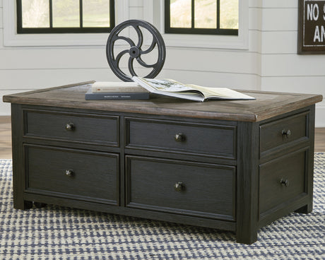 Tyler coffee table set with grayish brown wood top and black textured finish with lift-top and drawers