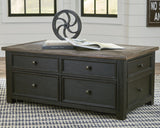 Lift top mechanism on coffee table in open position