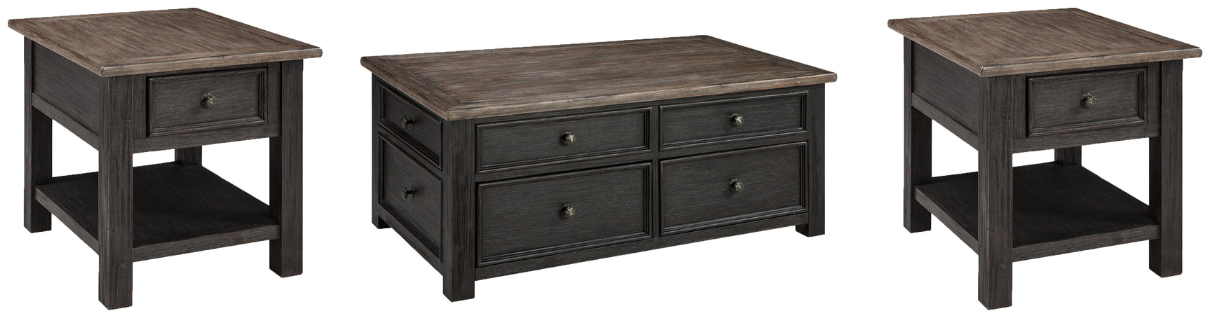 Tyler coffee table set with grayish brown wood top and black textured finish with lift-top and drawers