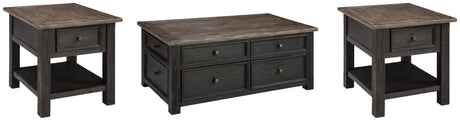 Tyler coffee table set with grayish brown wood top and black textured finish with lift-top and drawers