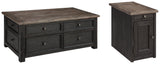 Tyler Creek grayish brown and black coffee table with lift top and end table
