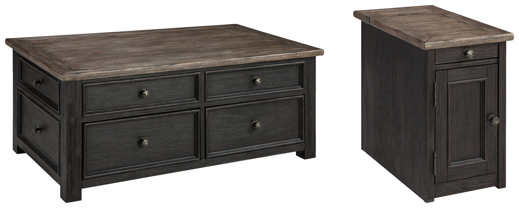 Tyler Creek grayish brown and black coffee table with lift top and end table