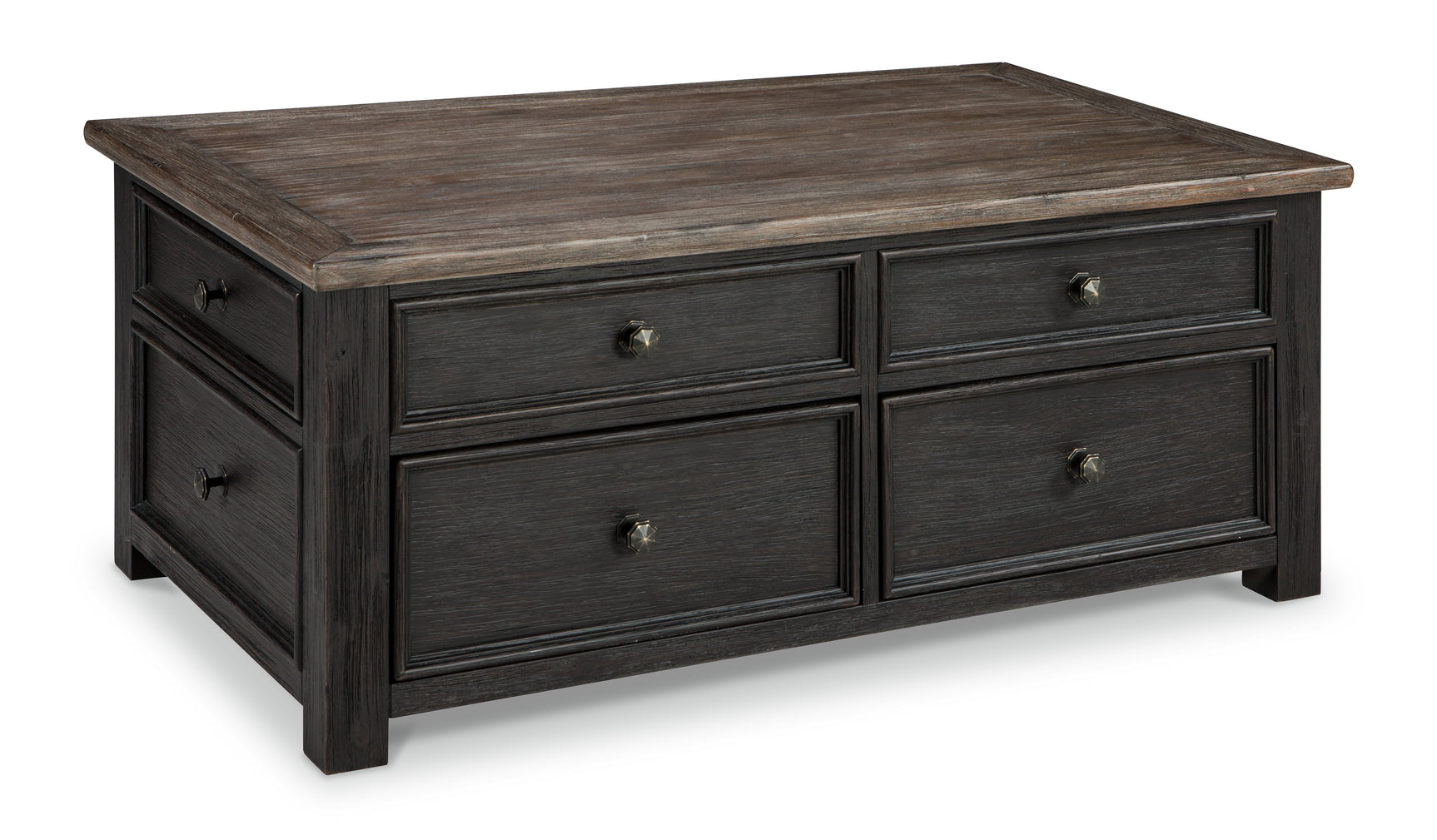 Tyler coffee table set with grayish brown wood top and black textured finish with lift-top and drawers