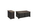 Tyler Creek grayish brown and black coffee table with lift top and end table