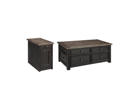 Tyler Creek grayish brown and black coffee table with lift top and end table