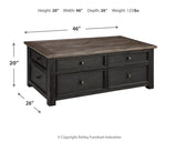 Tyler Creek grayish brown and black coffee table with lift top and end table