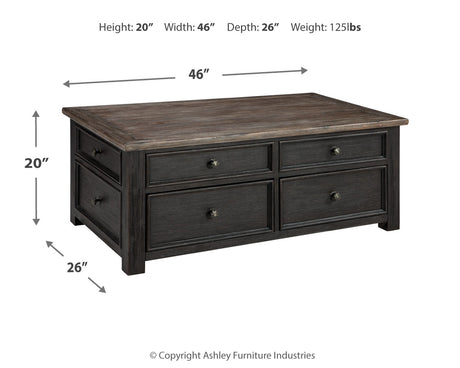 Tyler Creek grayish brown and black coffee table with lift top and end table