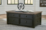 Tyler Creek grayish brown and black coffee table with lift top and end table