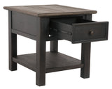 Tyler Creek end table angled with drawer and bottom shelf open