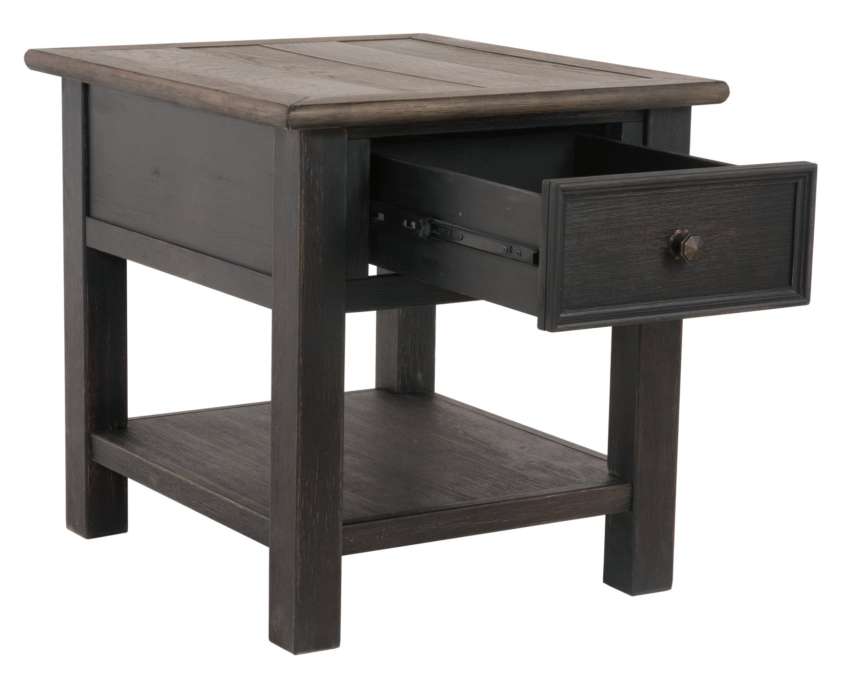 Tyler Creek end table angled with drawer and bottom shelf open