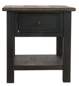 Tyler Creek end table showing drawer open with interior view