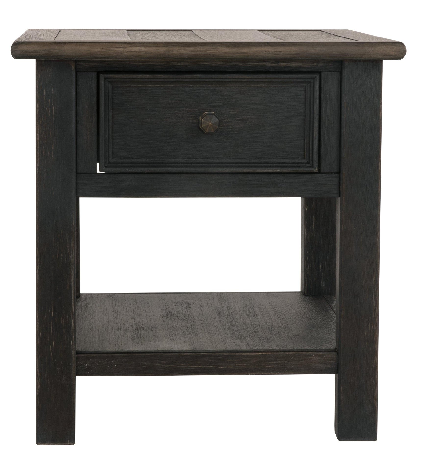 Tyler Creek end table showing drawer open with interior view