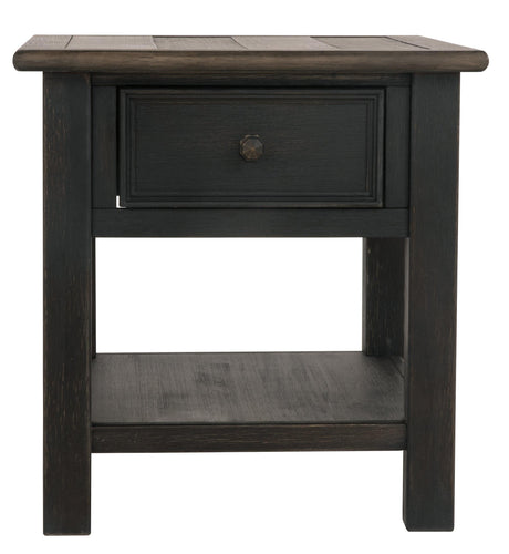 Tyler Creek end table showing drawer open with interior view