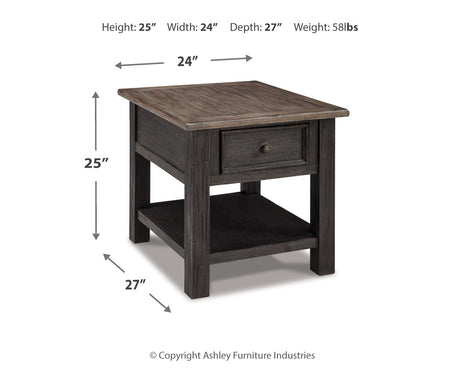 Tyler Creek grayish brown and black coffee table with lift top and end table