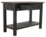 Tyler Creek Sofa Console Table drawer open showing storage