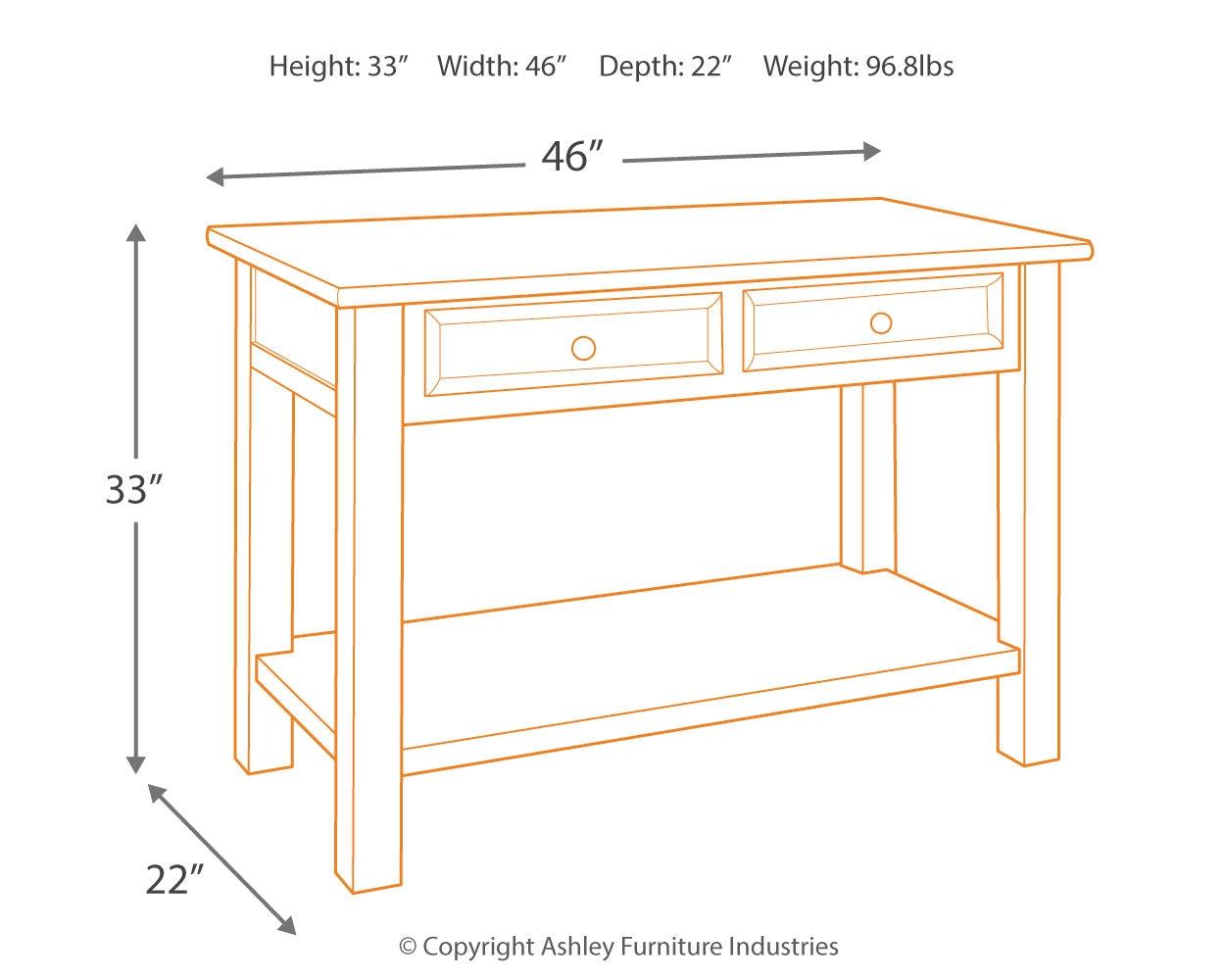 Tyler Creek Sofa Console Table dimension illustration