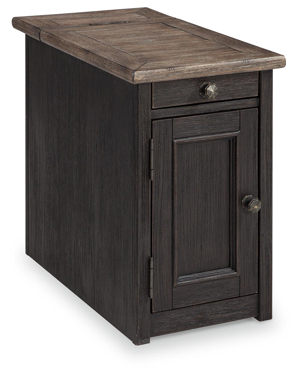 Tyler Creek chairside end table side view showing pull-out tray