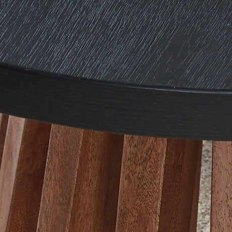 Close-up of Kallari end table warm brown wood and matte black finish