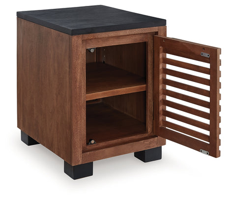 Kallari Chairside End Table angled with open cabinet