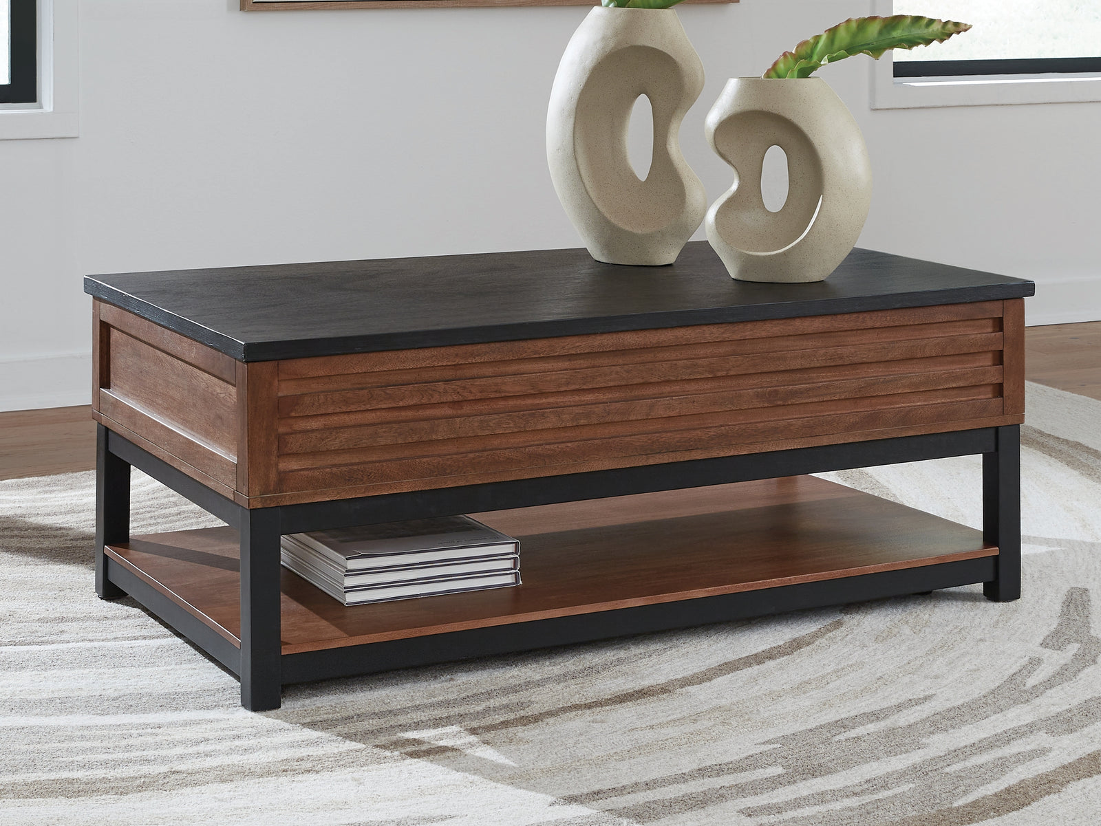 Kallari Warm Brown/Black Lift-Top Coffee Table