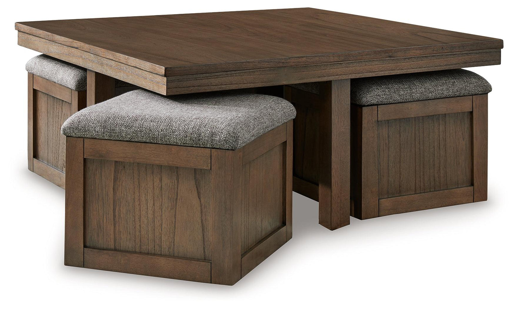 Side view of Boardernest coffee table and stools with caster wheels visible