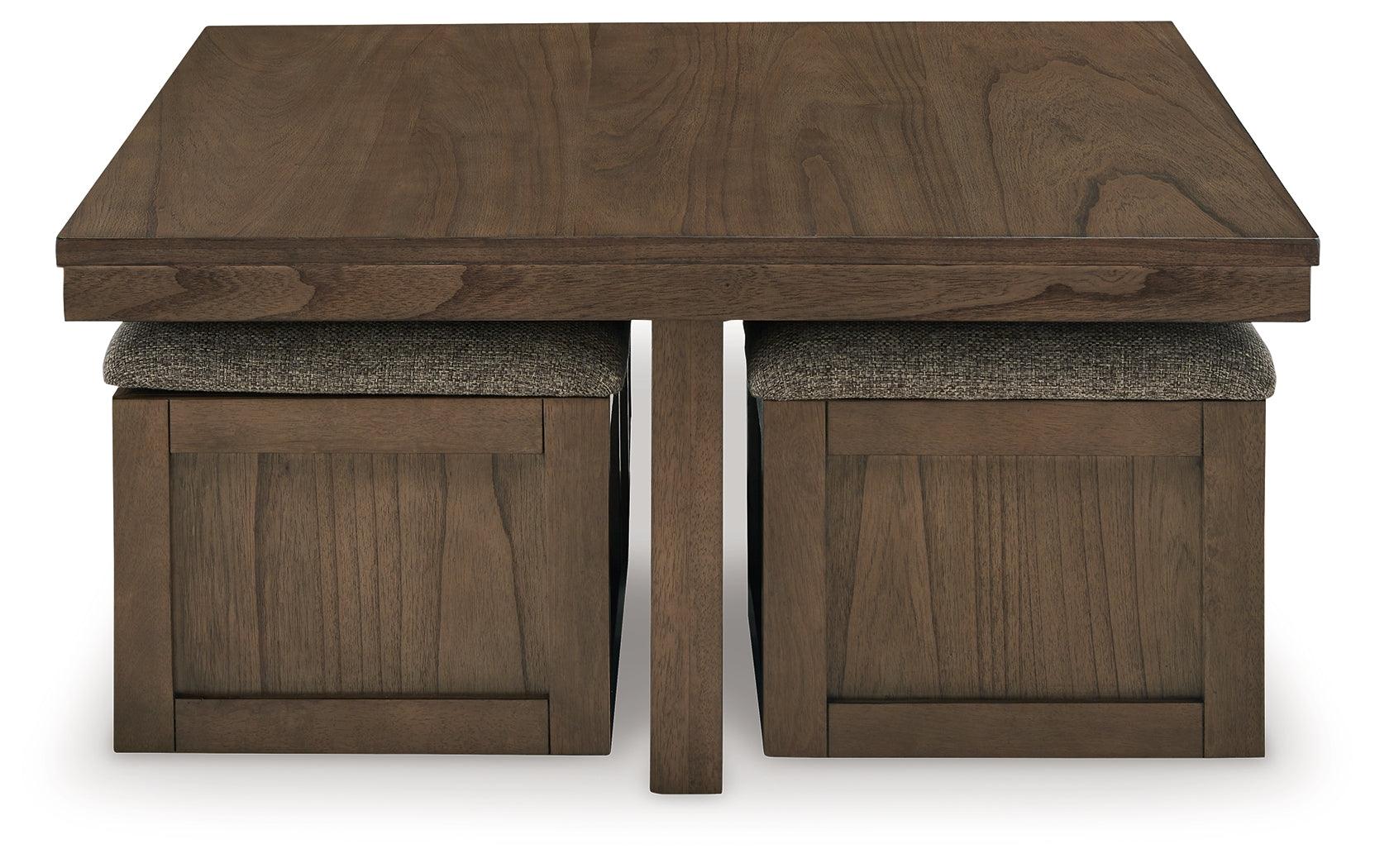 Front view of Boardernest coffee table and stools