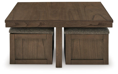 Front view of Boardernest coffee table and stools