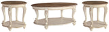 Realyn Coffee Table with Two End Tables in white and brown finish