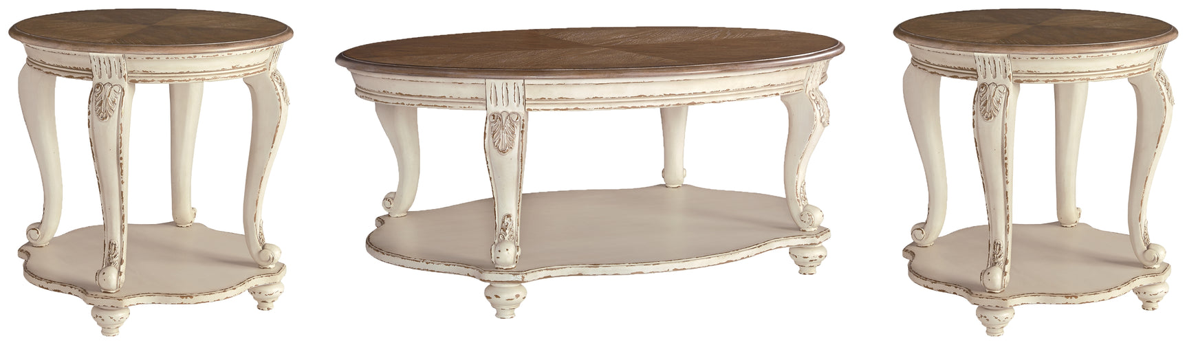 Realyn Coffee Table with Two End Tables in white and brown finish
