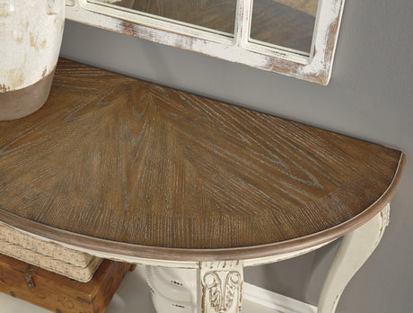 Realyn sofa table top view showing wood grain finish