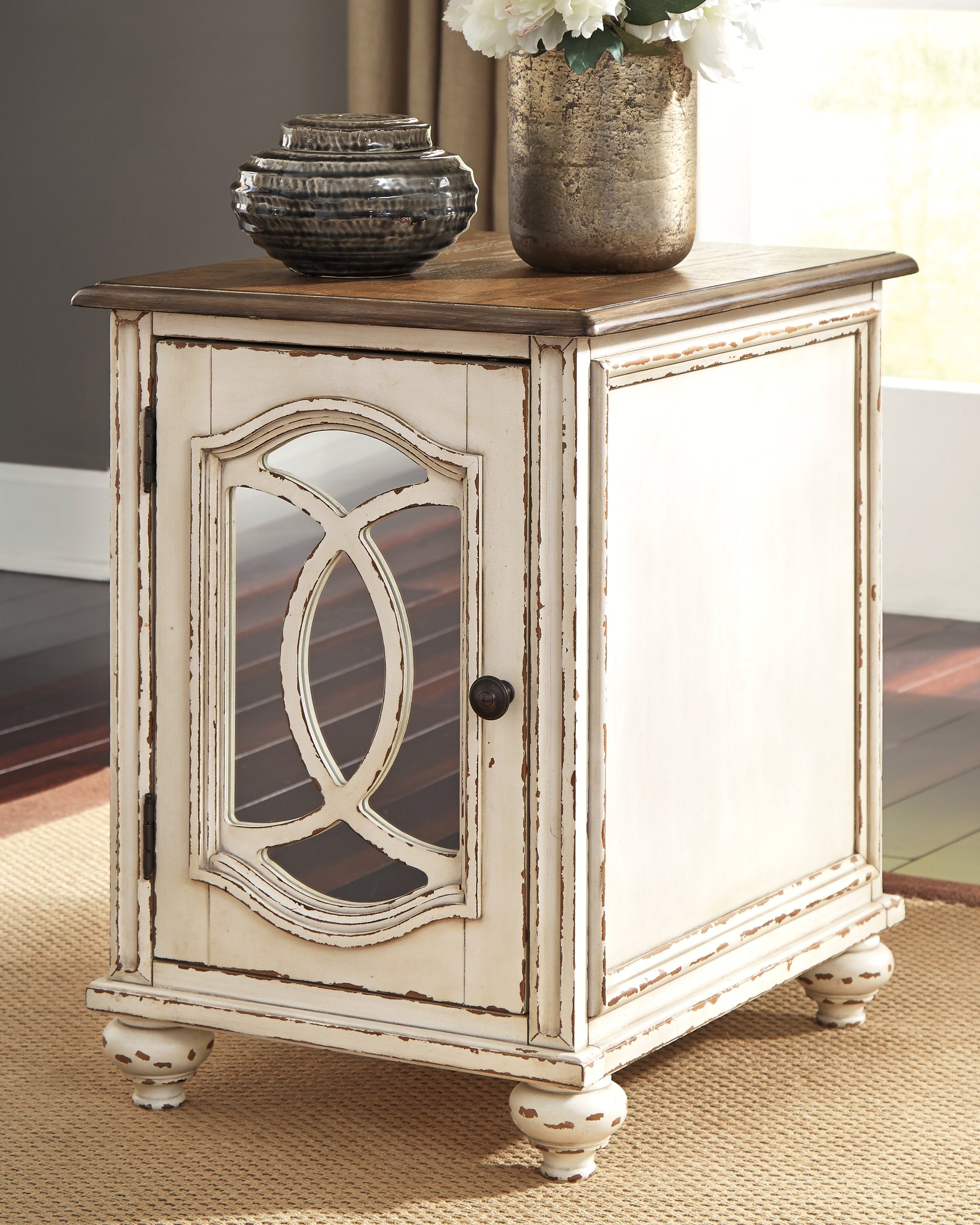 Realyn Coffee Table with Two End Tables in white and brown finish