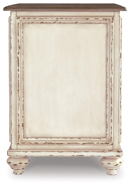 Realyn White and Brown Chairside End Table hardware detail