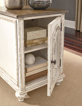 Realyn Coffee Table with Two End Tables in white and brown finish