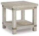 Side view showing planked wood effect and shelf of Carynhurst end table