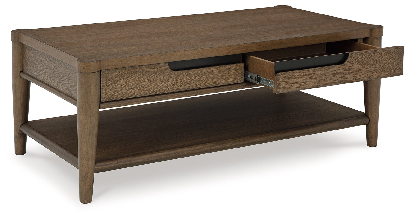 Roanhowe coffee table side angle with drawers open and contents visible
