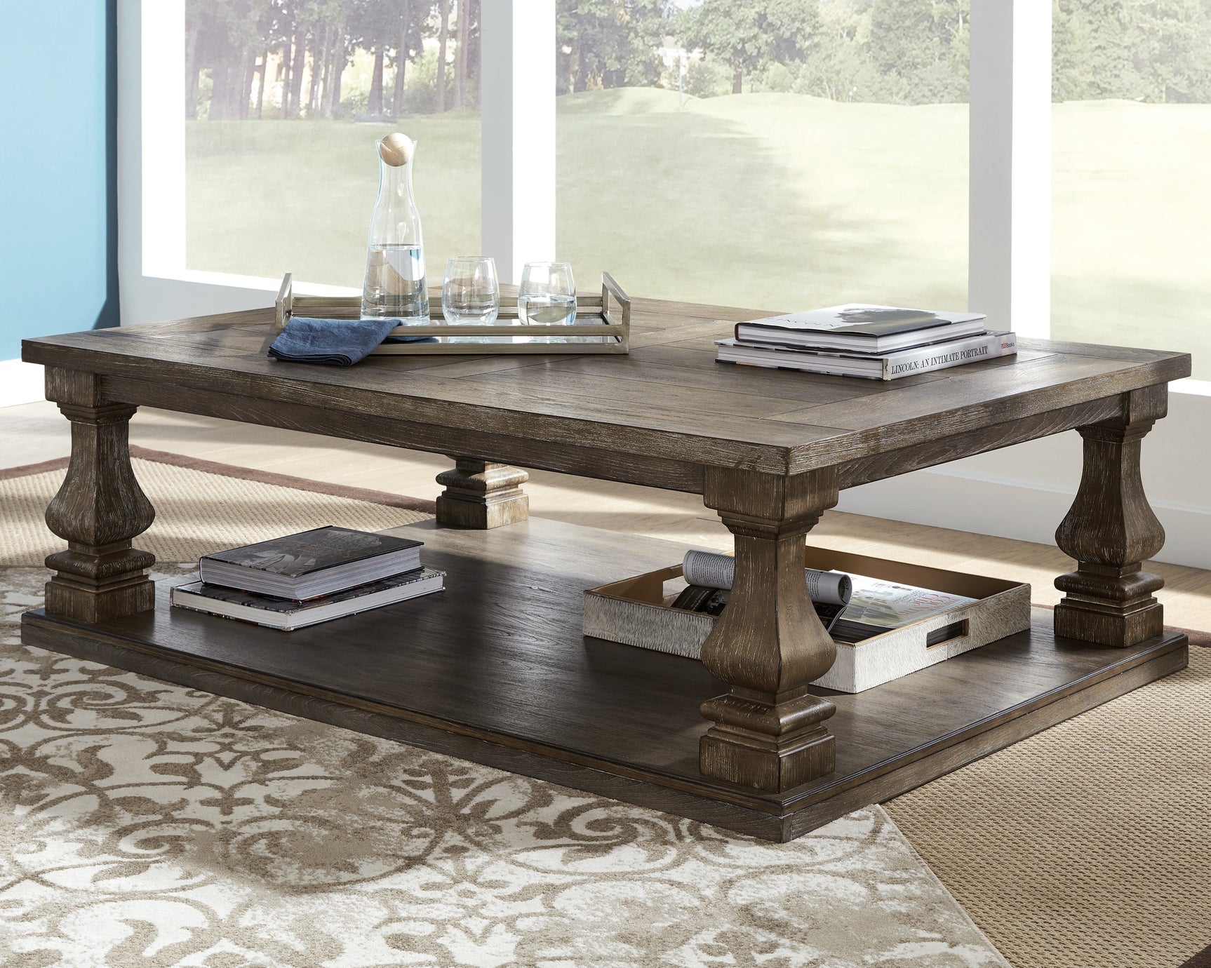 Johnelle coffee table set corner showing elm veneer tabletop