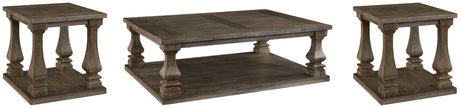 Close-up of square baluster leg on Johnelle gray coffee table
