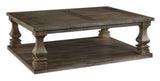 Johnelle Gray coffee table head-on view showing plank-effect tabletop and square legs
