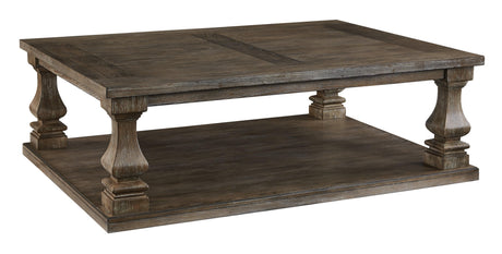 Johnelle Gray coffee table head-on view showing plank-effect tabletop and square legs