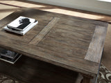 Detail of weathered gray finish on Johnelle Gray coffee table
