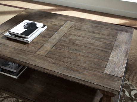 Detail of weathered gray finish on Johnelle Gray coffee table